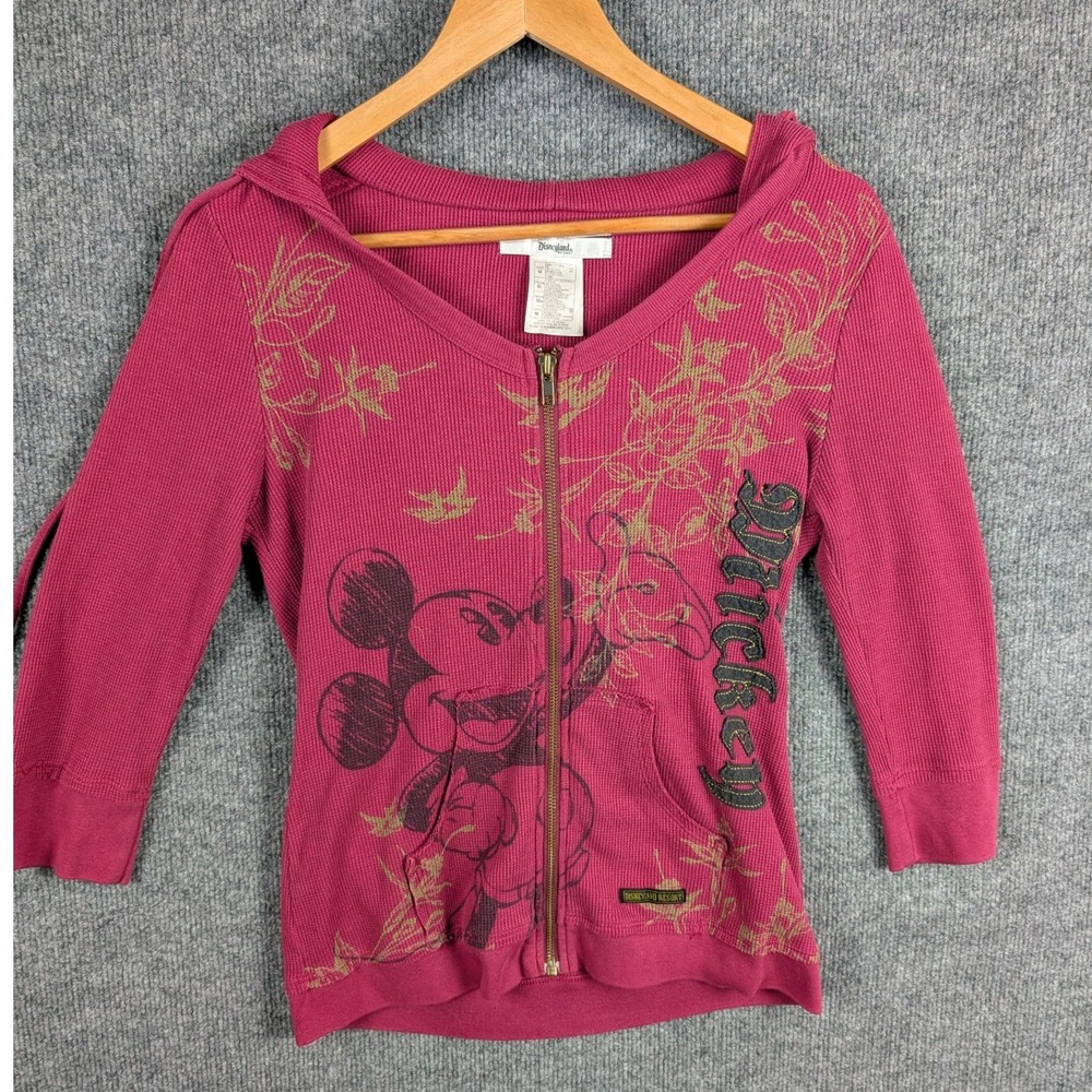 Disneyland Resort Mickey Mouse Waffle Knit Zip Up Hoodie Pink Medium Y2K Graphic